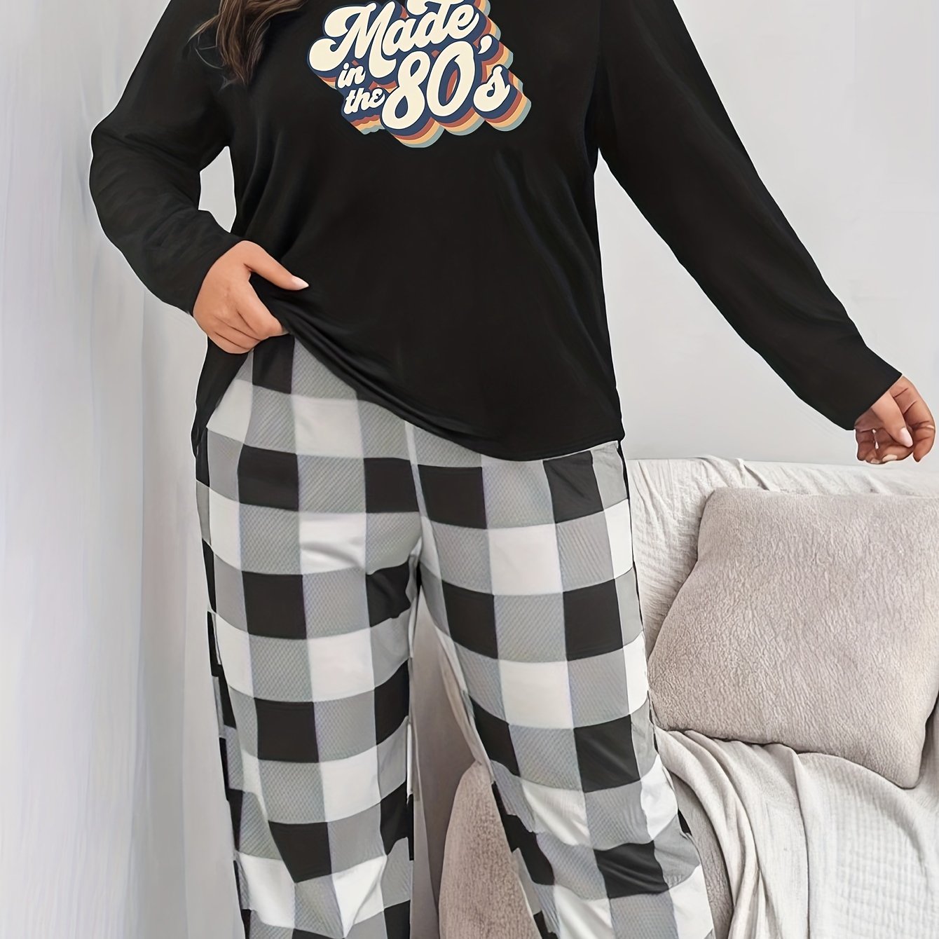 Letter Print Long Sleeve Round Neck Pajama Top