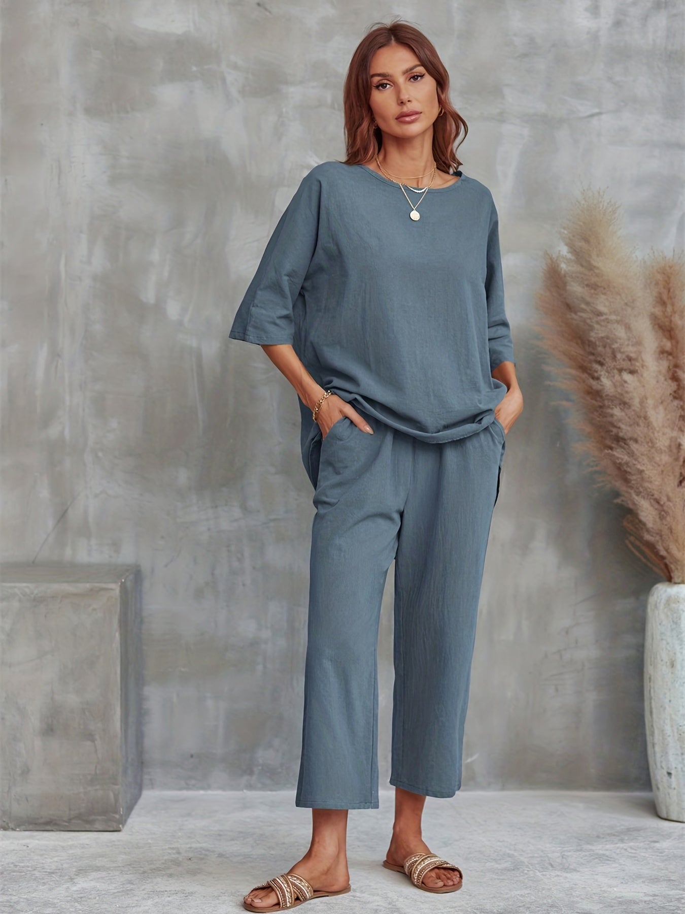 Casual Two piece Set Crew Neck 3 4 Sleeve Tops & Wide Leg Cropped Pants