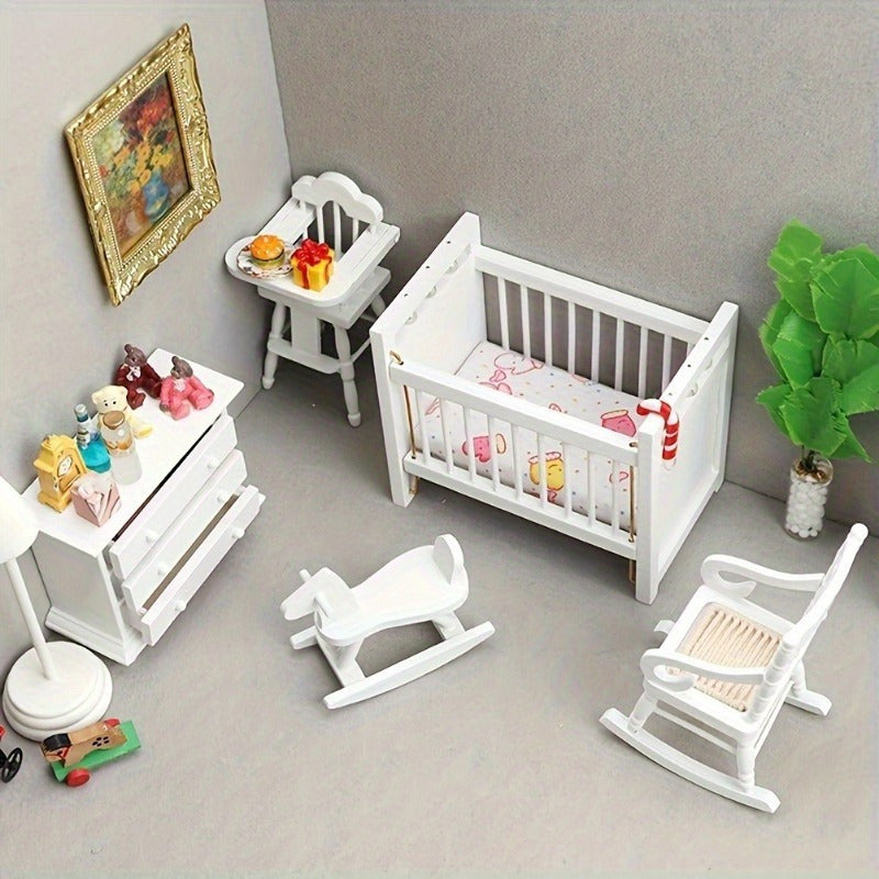 1:12 Scale Furniture Set Wooden Bed Rocking Horse Chair Cabinet Ideal Gift