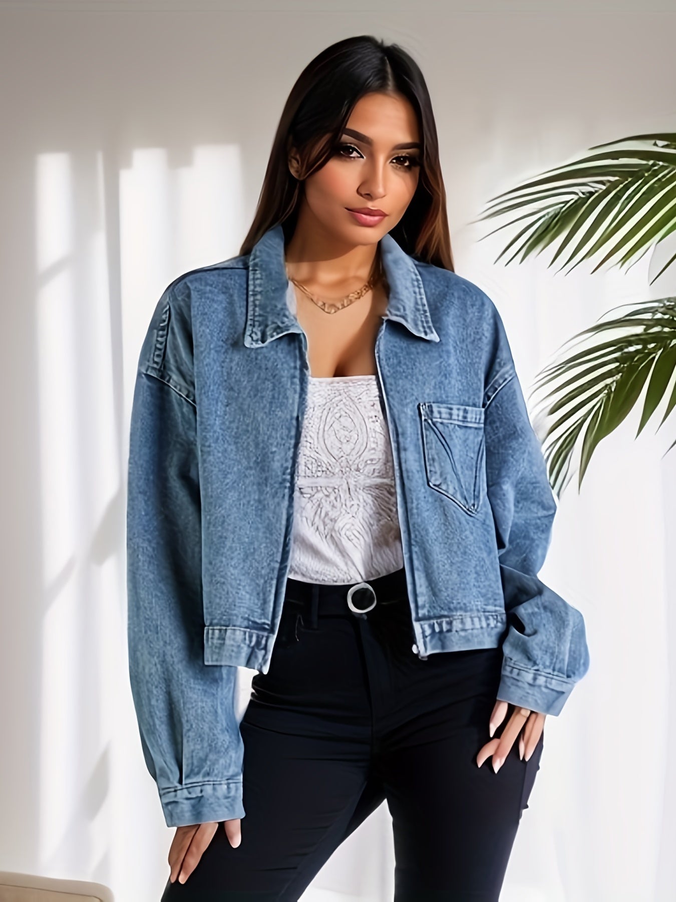 Long Sleeves Denim Jackets Zip Front Coats Women's Denim Clothing