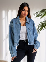 Long Sleeves Denim Jackets Zip Front Coats Women's Denim Clothing
