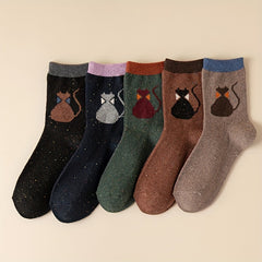 5 Pairs Cartoon Cat Print Crew Socks Women's Stockings