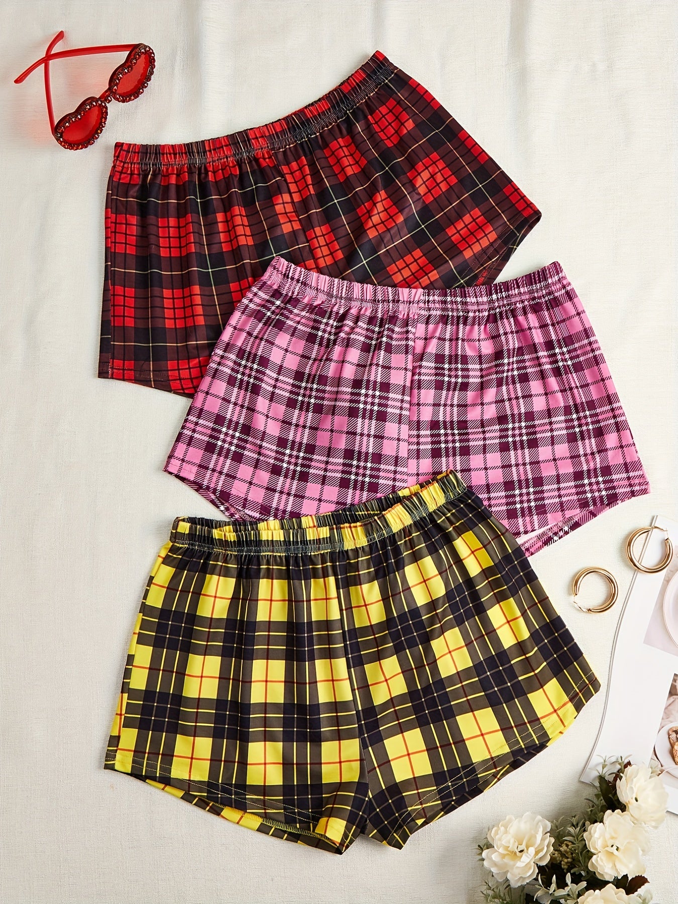 Colorblock Plaid Shorts Soft & Comfy Women's Sleep Bottoms