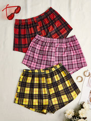 3 Pack Plus Size Plaid Pajama Shorts Set Women's High Stretch Elastic Lounge