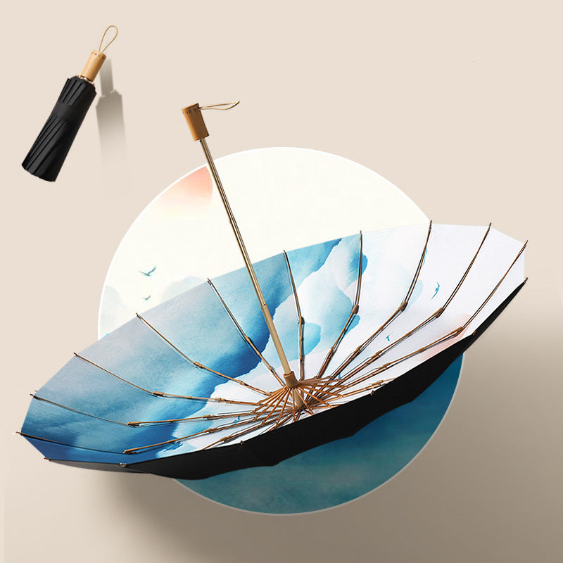 16 Bones Foldable Wood Handle Umbrella