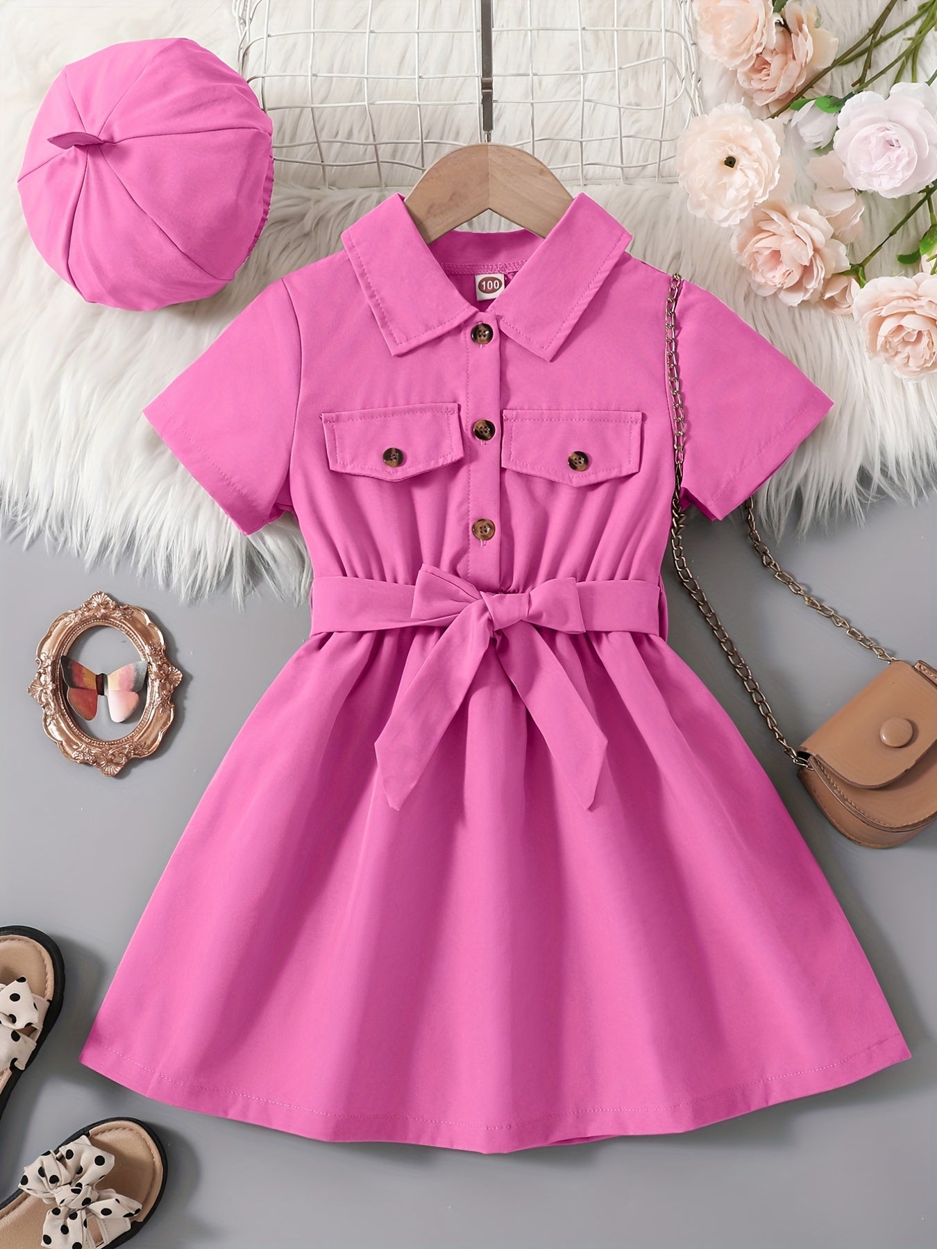 2pcs Toddler Girls Button Flap Shirt Dress & Hat Set Kids Summer Clothes