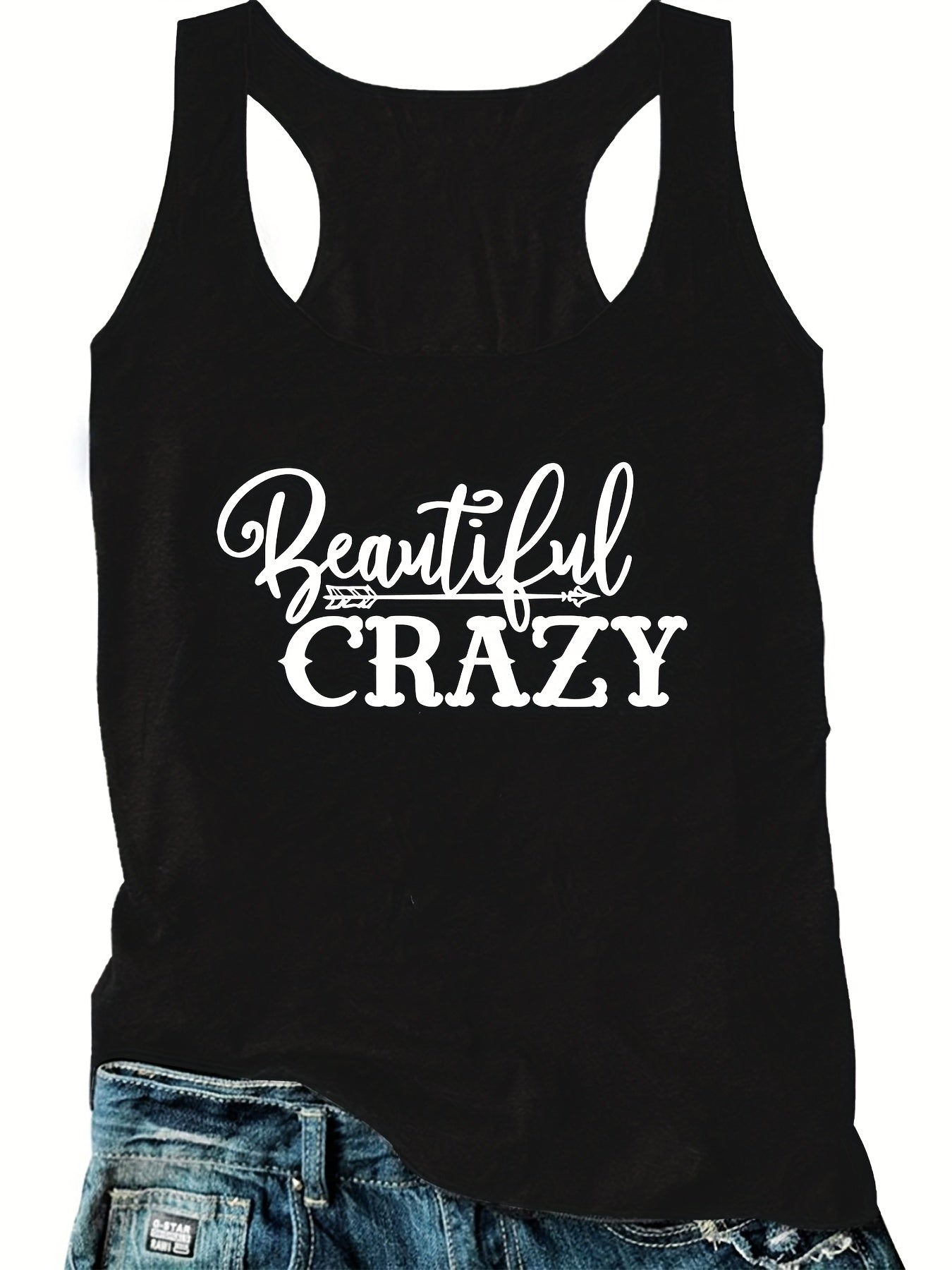 Slogan Print Tank Top Round Neck Medium Stretch