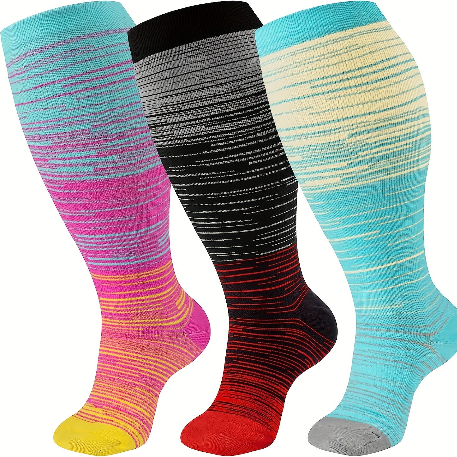 3 Pairs Plus Size Compression Socks 20-30 mmHg Knee High Support Stockings