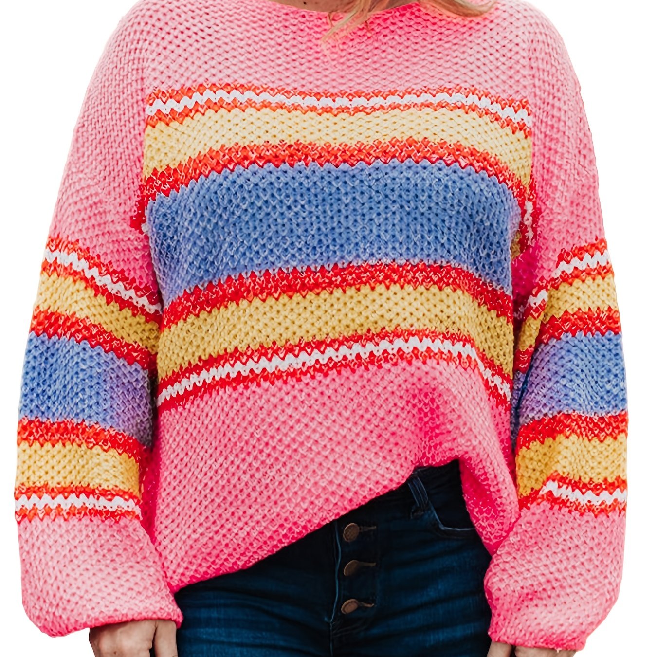 Colorblock Stripe Print Round Neck Sweater