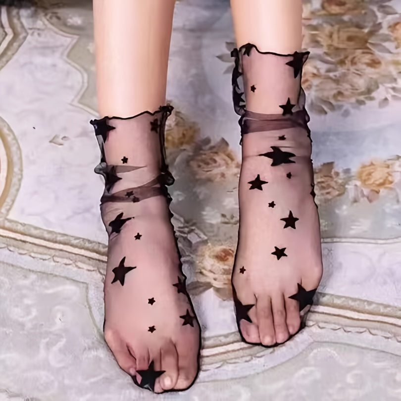 Star Pattern Tulle Socks Sheer Comfy & Breathable Mid Tube Socks