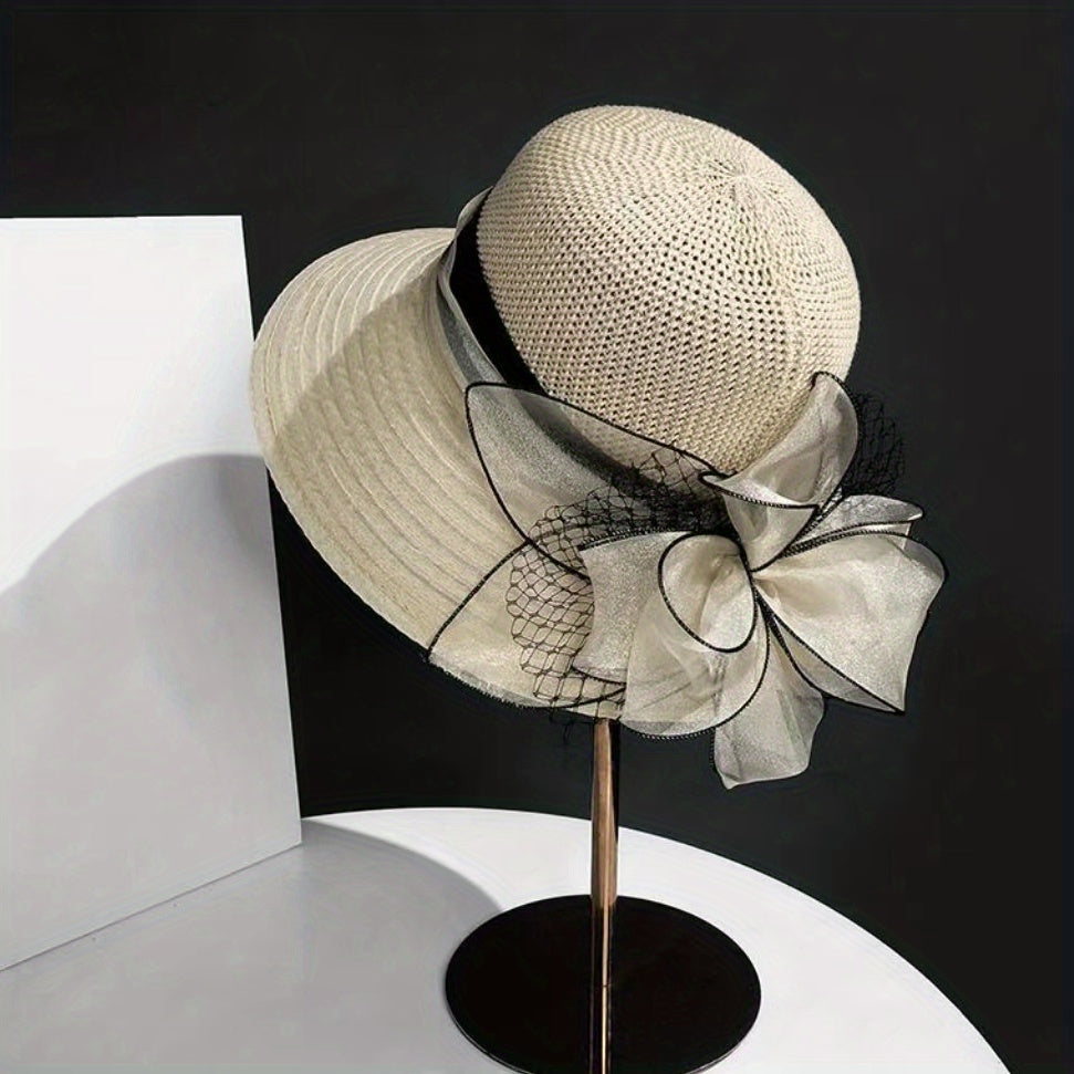 Wide Brim Knitted Bucket Hat Mesh Flower Decor Sunshade Fedora for Women