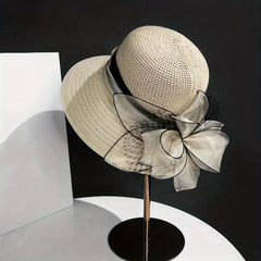 Wide Brim Knitted Bucket Hat Mesh Flower Decor Sunshade Fedora for Women