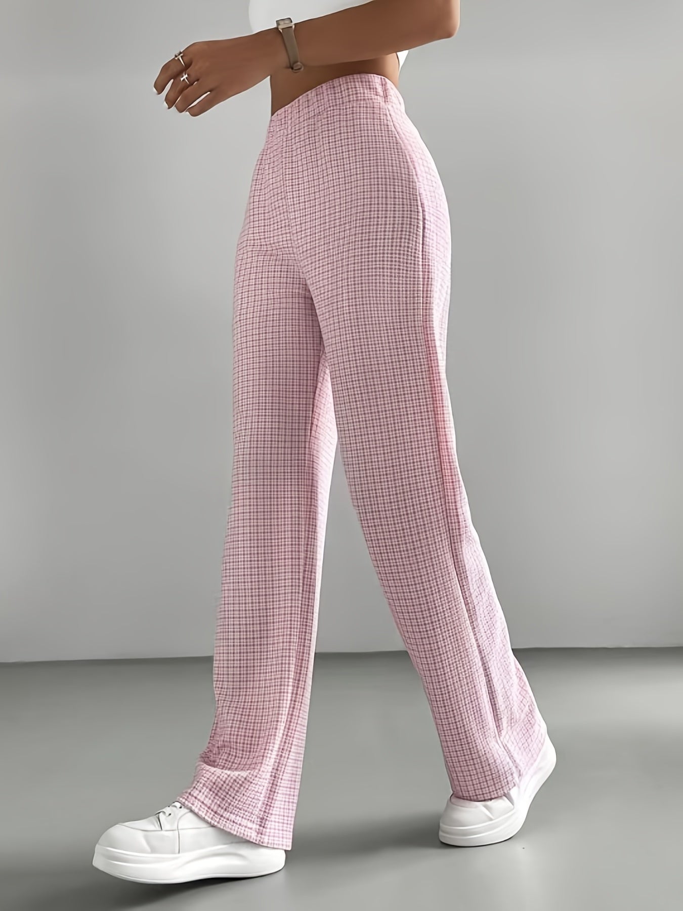 Plaid Straight Leg Pants High Waist Loose Fit