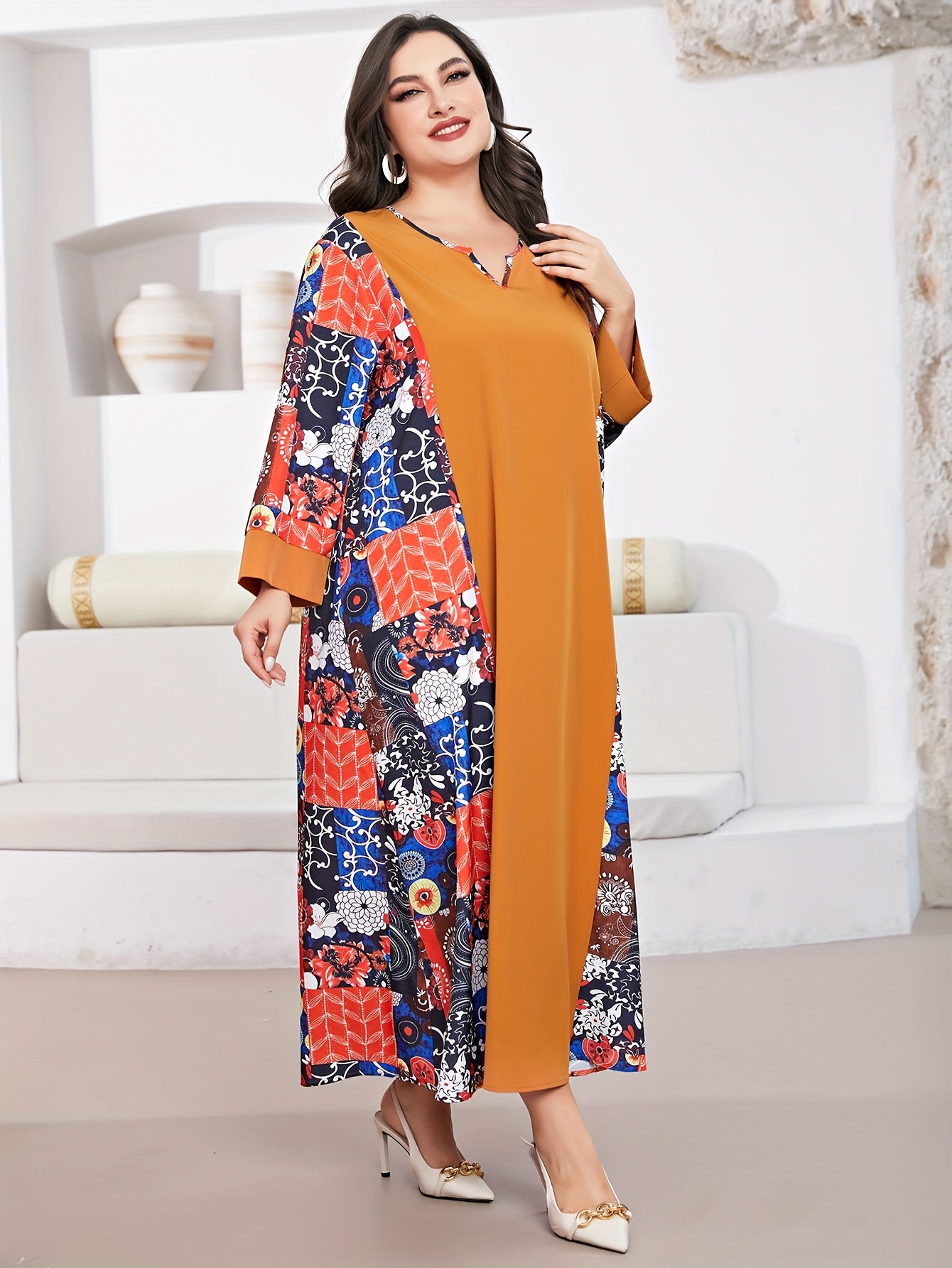 Boho Maxi Dress Floral Print Long Sleeve Notched Neck