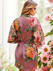 Floral Print V-Neck Night Robe with Belt