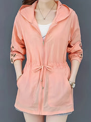 Embroidered Hooded Jacket Zip Up Drawstring Outerwear