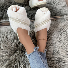 Women's Fluffy Cross Strap Slippers with Faux Pearl Decor