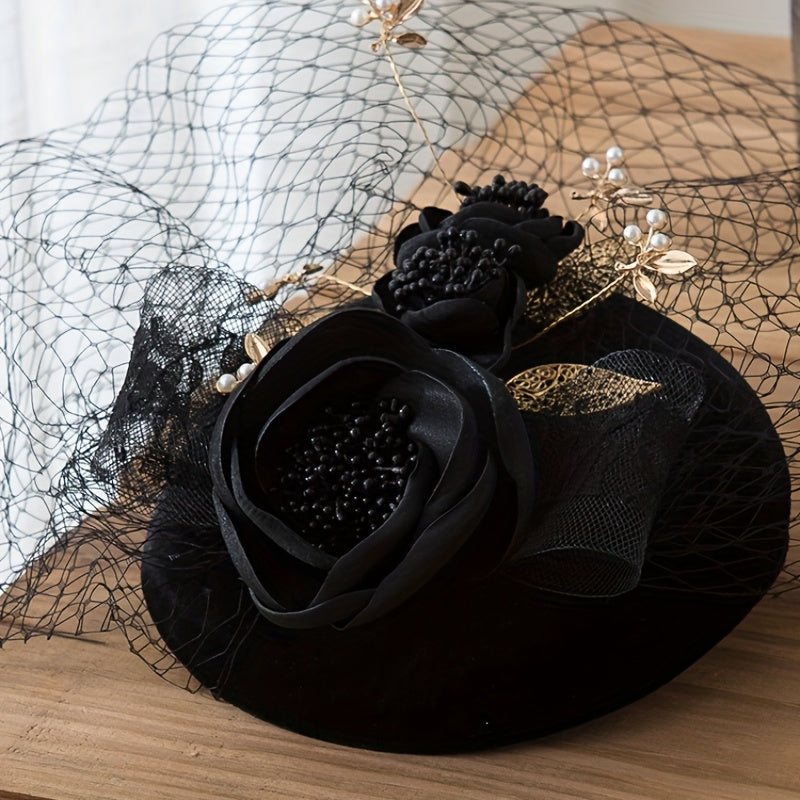 French Style Fascinators Hats Flower Golden Leaf Decor Veil Bridal Wedding Tiara
