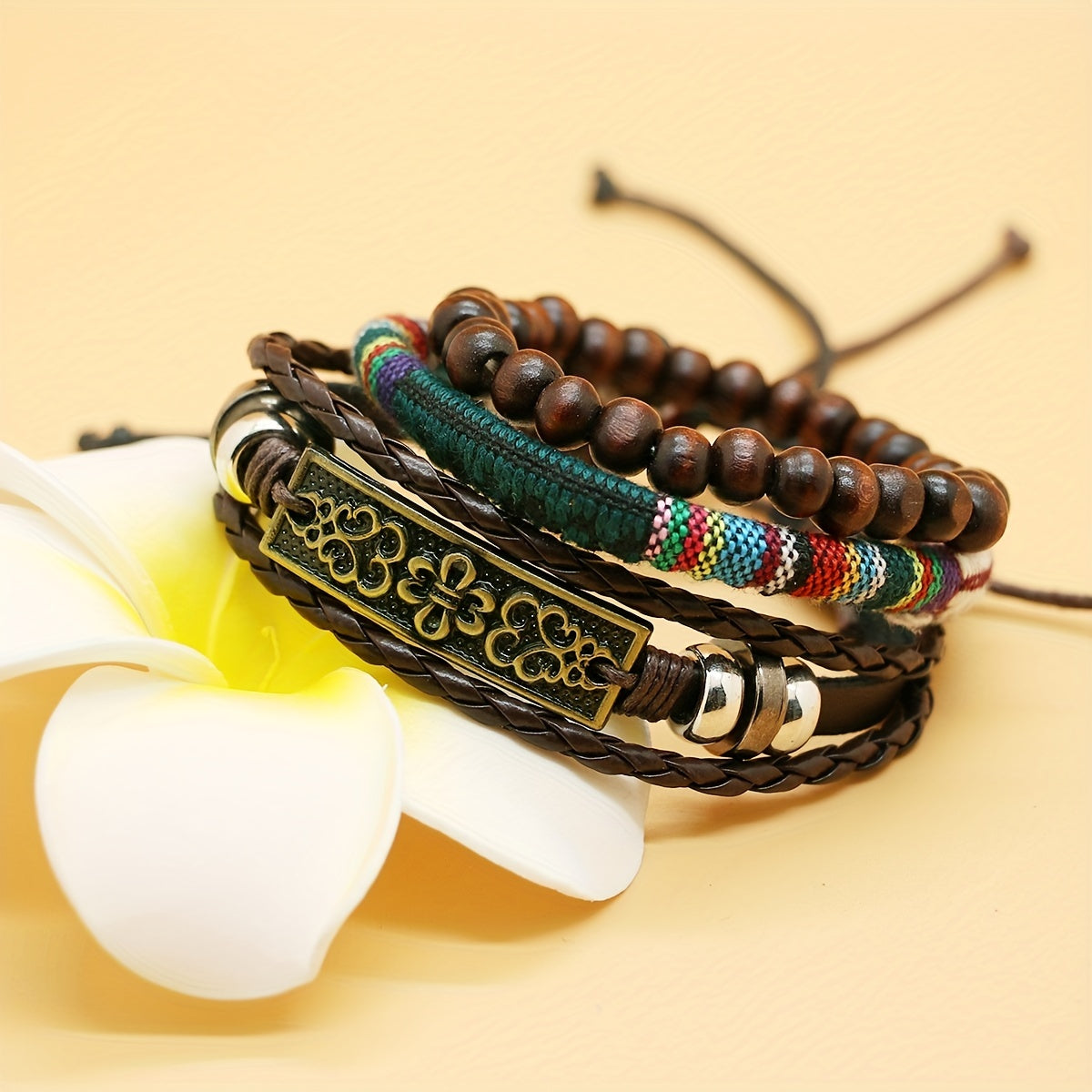 3 Pcs Pack Vintage Woven Bracelet Metal & Wooden Beads Charm Punk