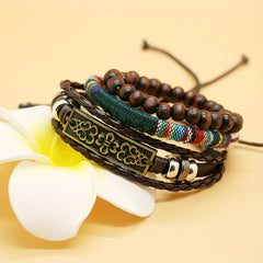 3 Pcs Pack Vintage Woven Bracelet Metal & Wooden Beads Charm Punk