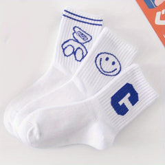 3 Pairs Kids Cotton Blend Crew Socks Small Bear Smiling Face Letter Print