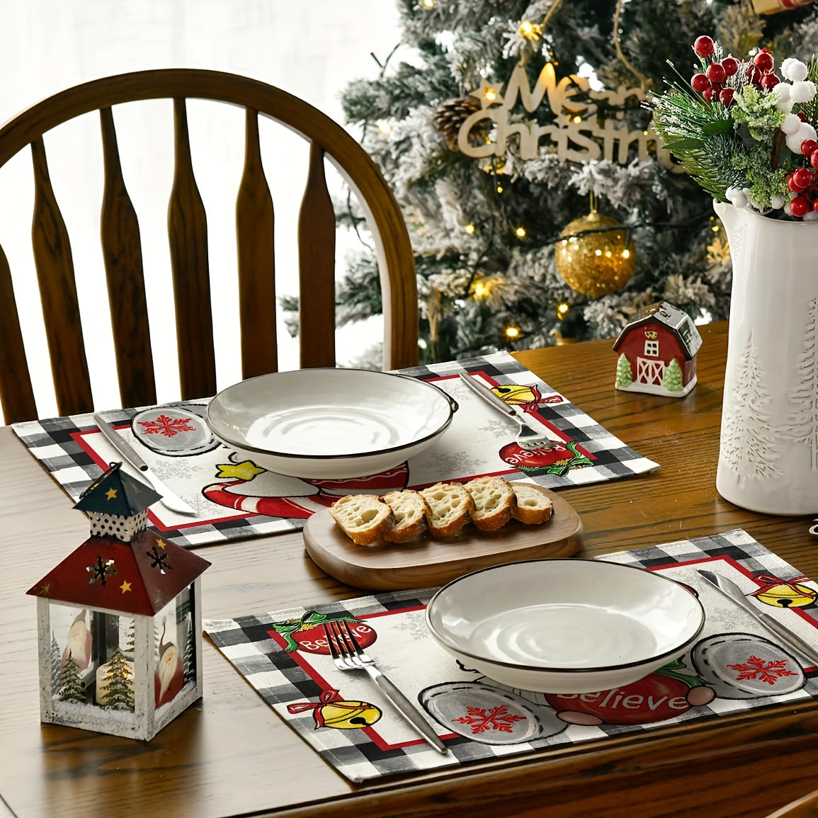 4pcs Plaid Pattern Gnome Christmas Table Runner Set