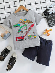 Boys Cartoon Construction Truck Casual Outfit T shirt & Shorts Summer Set