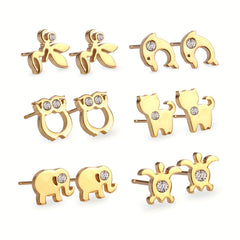 6Pairs Box Animal Stud Earrings Rhinestone Ear Jewelry For Girls Birthday