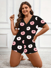 Donut Print Button Up V Neck Pajama Romper