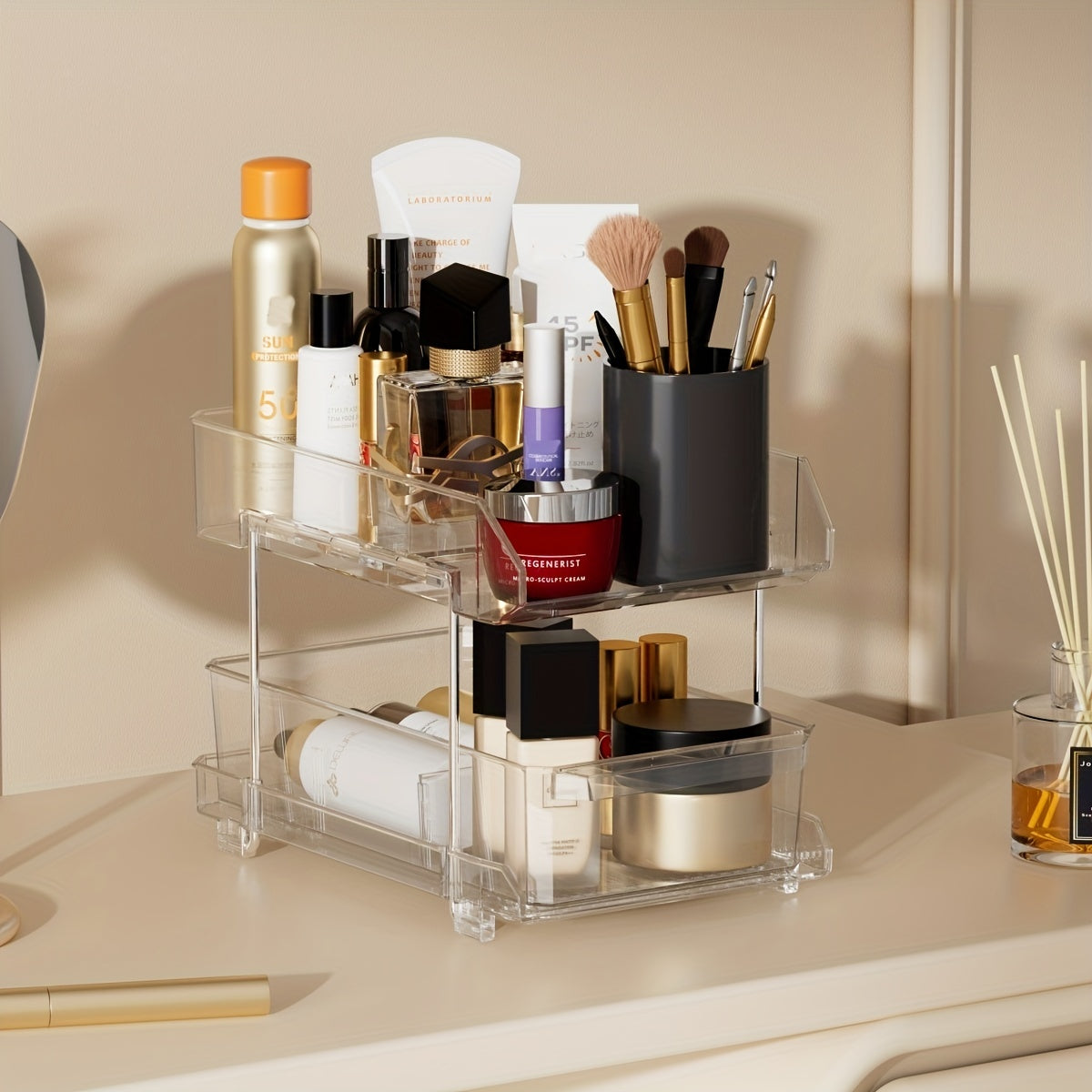 2 Tier Clear Organizer With Dividers Slide Out Storage Container