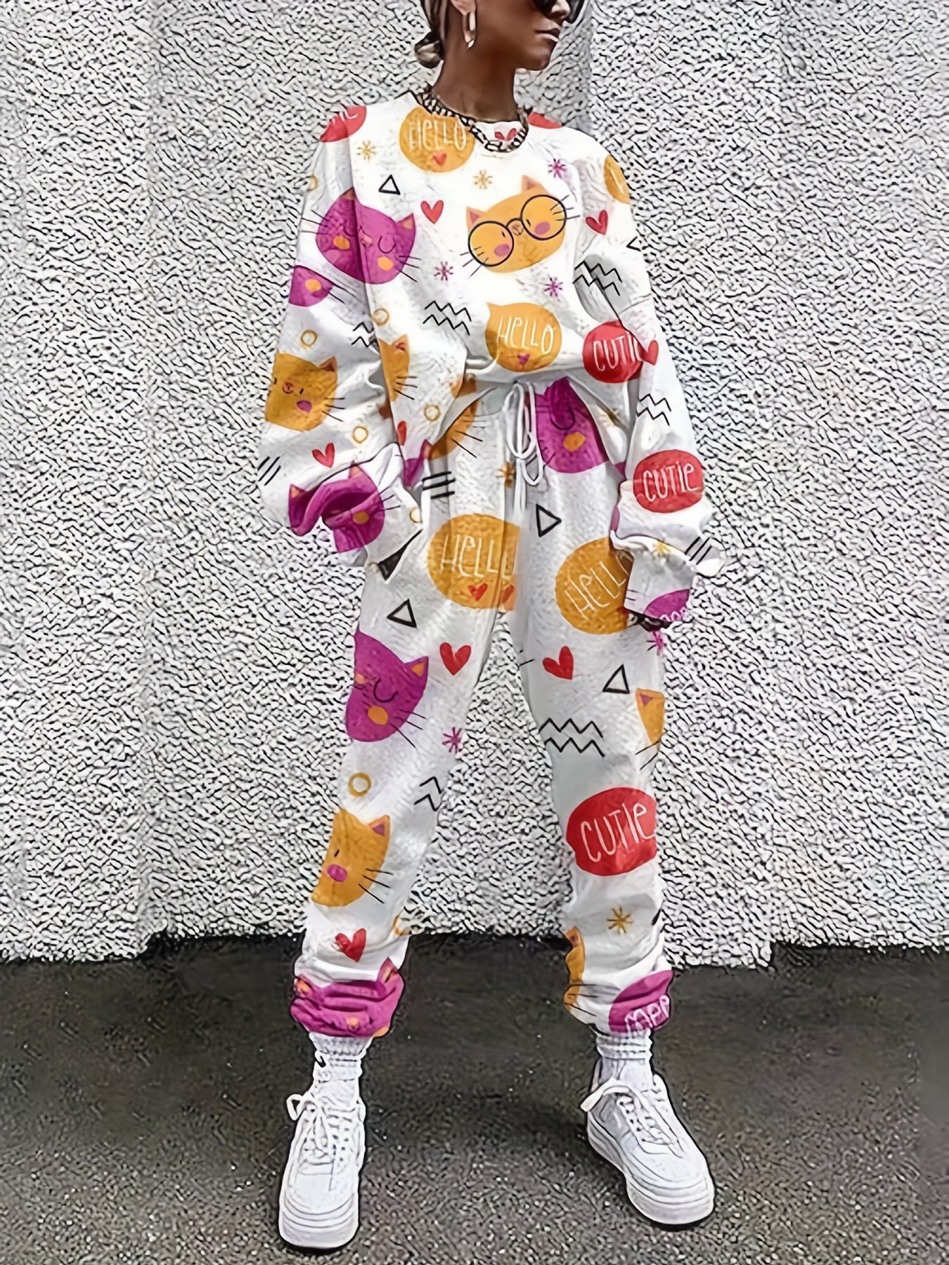 Women's Plus Cat Print Tee & Drawstring Pants Set