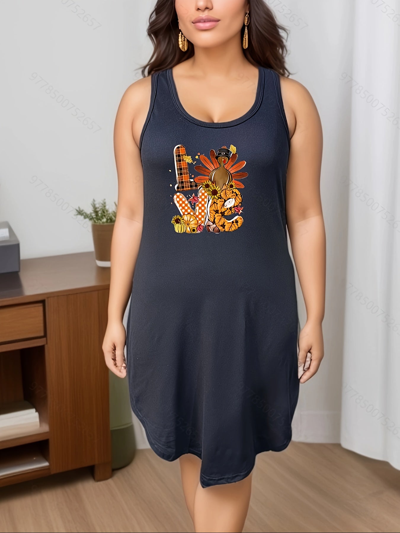 Plus Size Thanksgiving Loungewear Dress Women's Plus Turkey & Pumpkin Print Tank