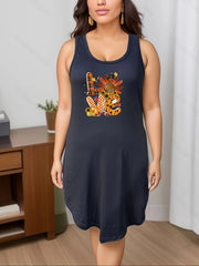 Plus Size Thanksgiving Loungewear Dress Women's Plus Turkey & Pumpkin Print Tank