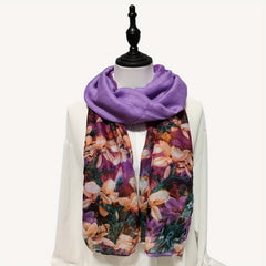 Vintage Purple Flower Print Scarf Gradient Warm Shawl Women Windproof Head Wrap