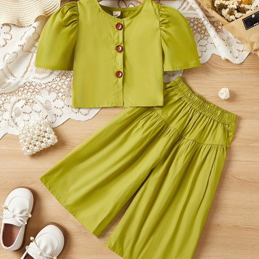 Girls Short Sleeve Cropped Top & Elastic Waist Pants Set