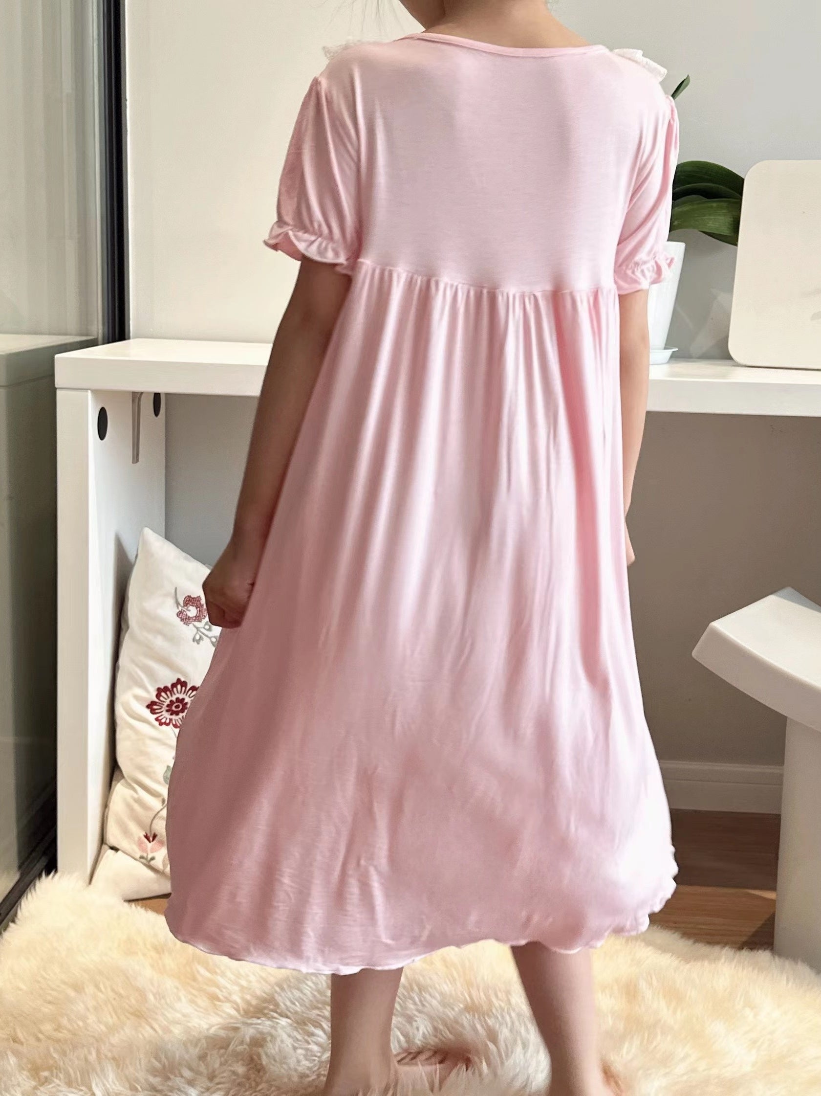 Girls Puff Sleeve Nightdress Lace Round Neck Dress Pajamas