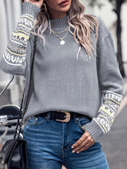 Graphic Print Mock Neck Pullover Sweater Long Sleeve for Fall & Winter