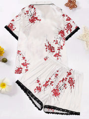 Satin Floral Print Lace Trim Pajama Set