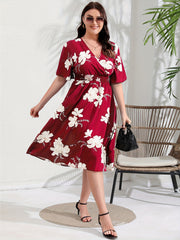 Women's Plus Floral Print Short Sleeve Midi Dress