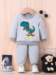 Baby Dinosaur Skateboard Print Casual Outfit Long Sleeve Sweatshirt Trousers Set
