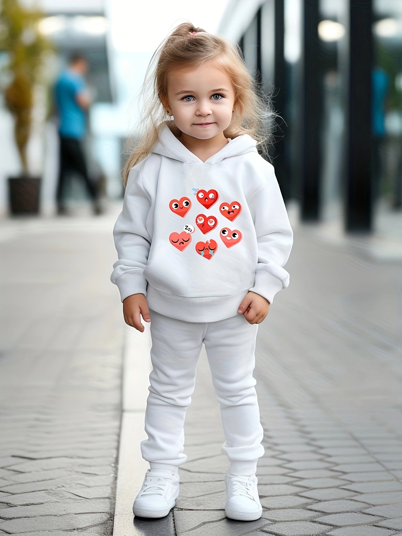 Girls Heart Pattern Hooded Sweatshirt Sweatpants Set