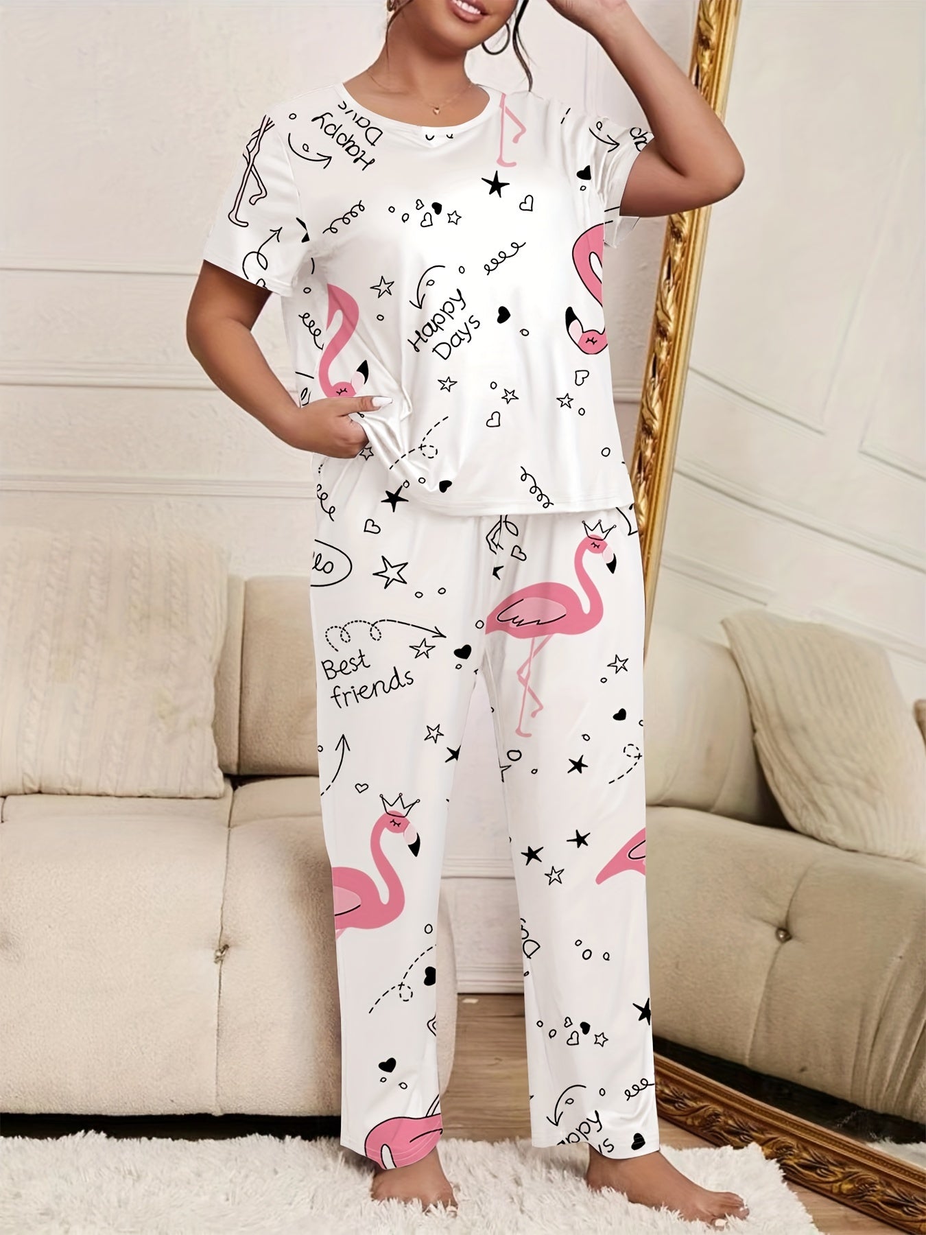 Flamingo & Heart Print Cami Top & Pants Lounge Set