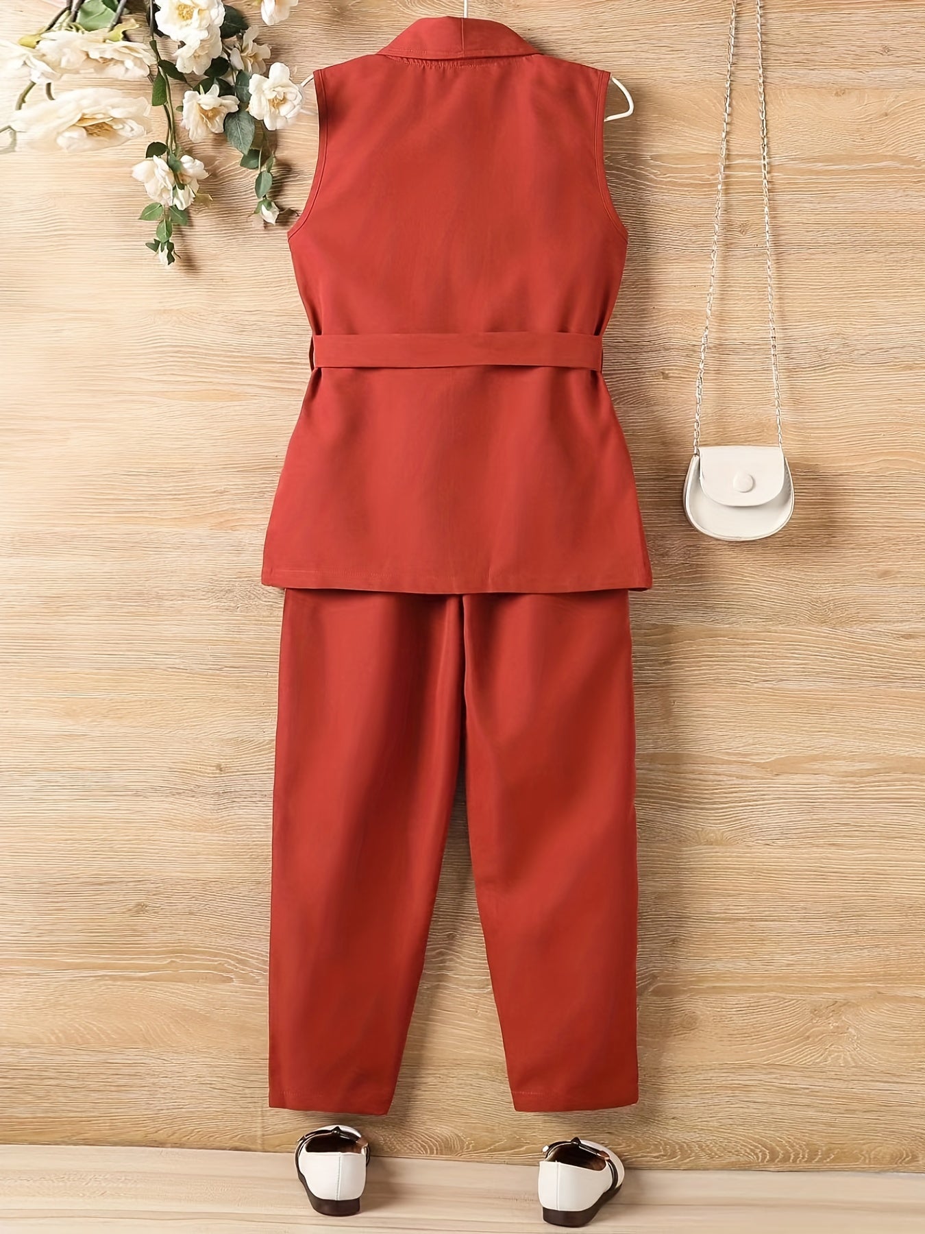 Girls 2pcs Vest With Belt & Elastic Waist Pants Set Solid Sleeveless Blazer