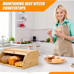 Large Natural Bamboo Roll Top Bread Box For Kitchen Countertop