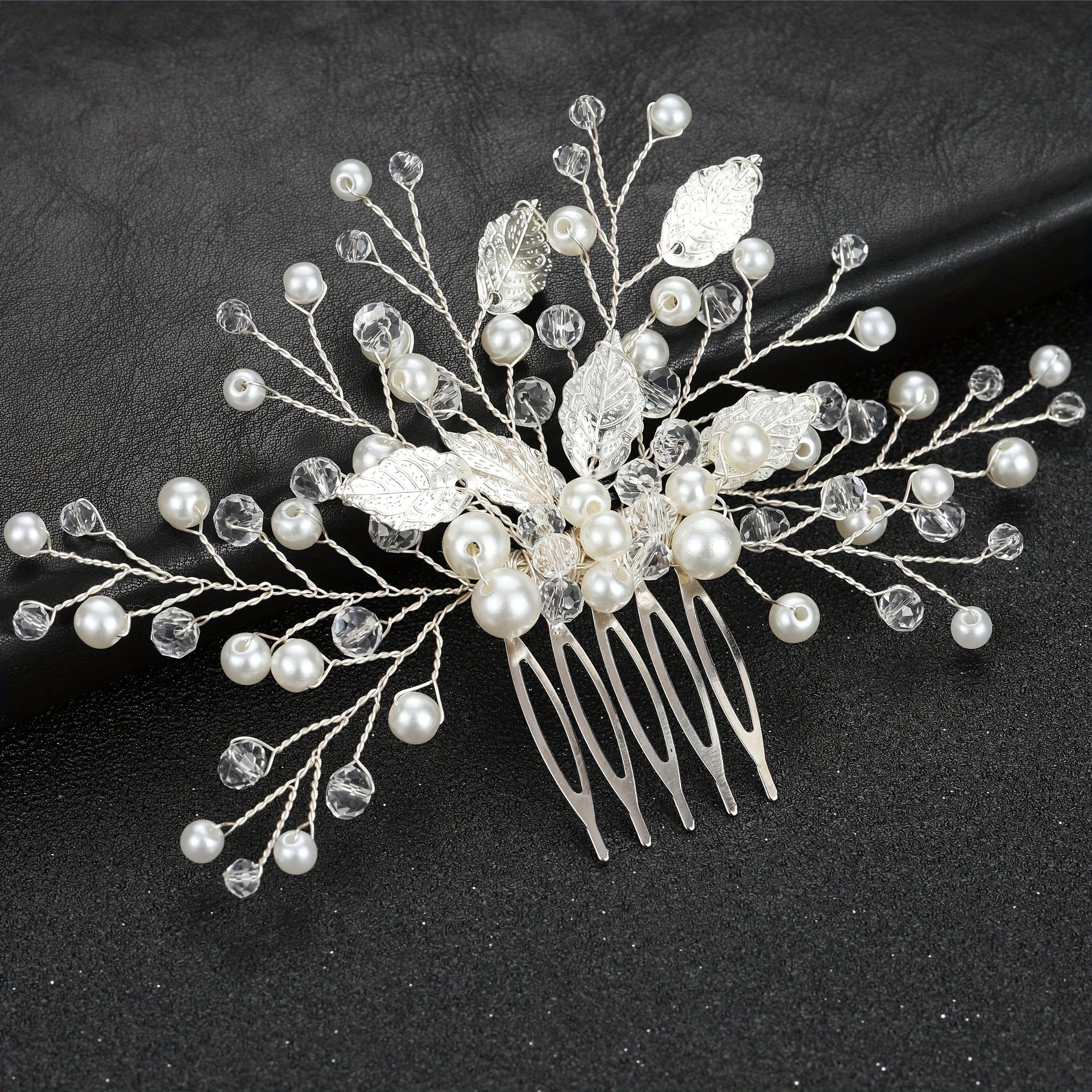 Bridal Wedding Pearl Crystal Hair Comb Silvery Leaf Shape