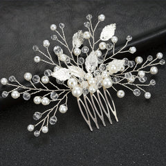Bridal Wedding Pearl Crystal Hair Comb Silvery Leaf Shape