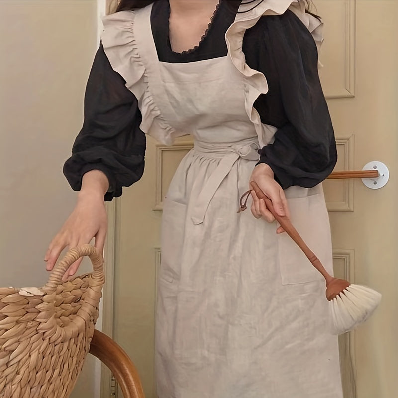 Lotus Leaf Lace Cotton Linen Apron Kitchen Cafe Work Apron