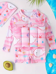 2pcs Baby Cartoon Print Buoyancy Swimsuit & Cap Set
