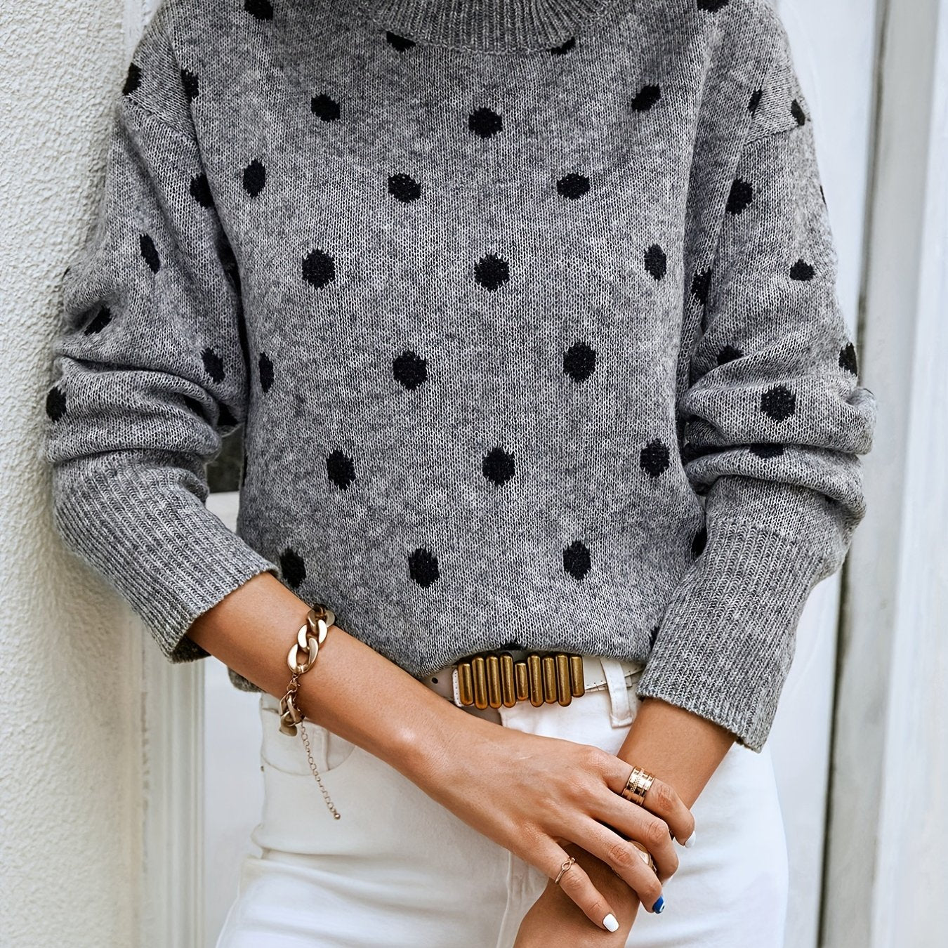 Polka Dot Crew Neck Pullover Sweater for Women