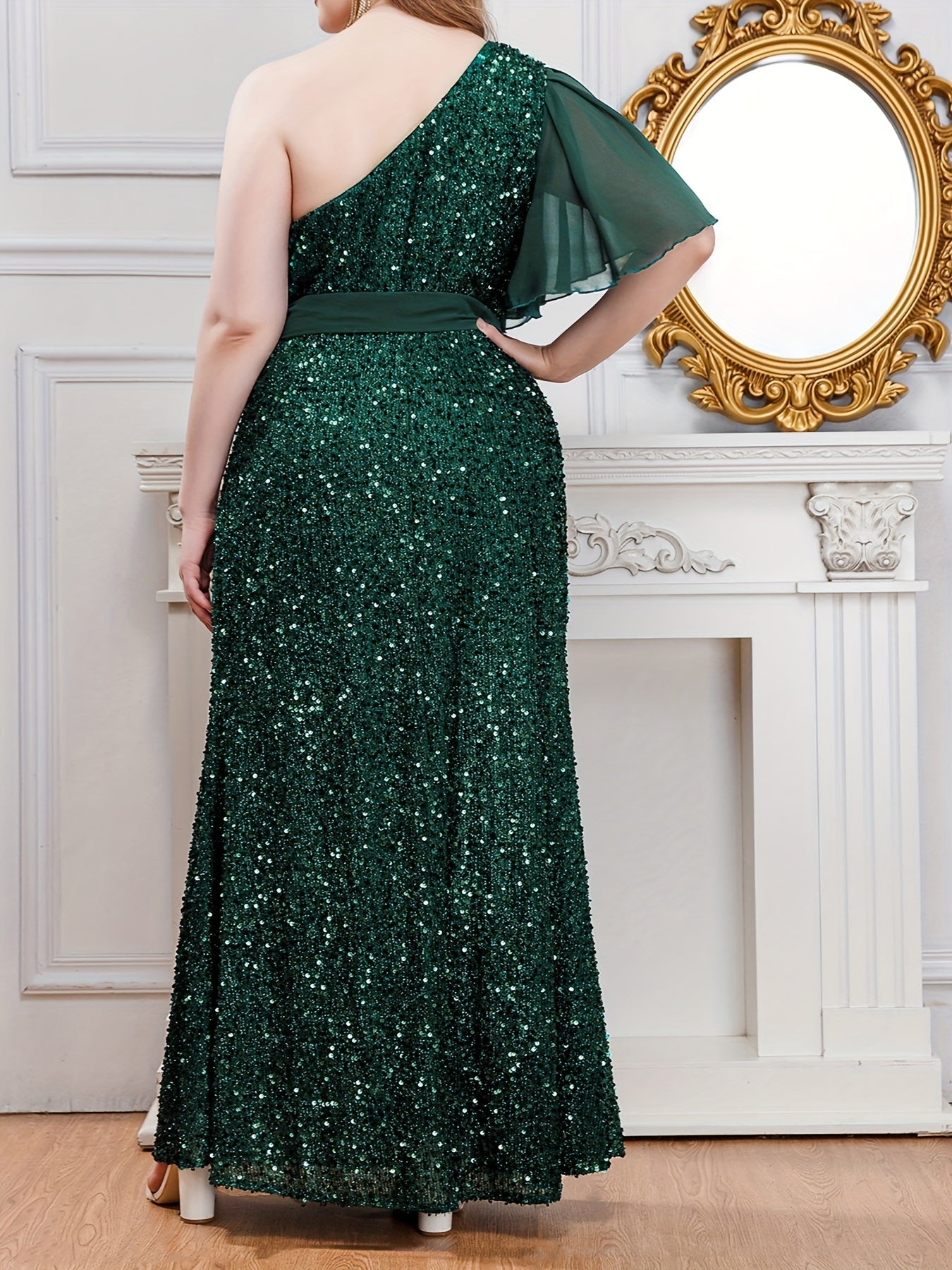 Glitter Sequin One Shoulder Split Maxi Party Dress